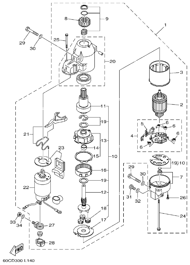 Yamaha F100BET STARTING MOTOR parts diagram